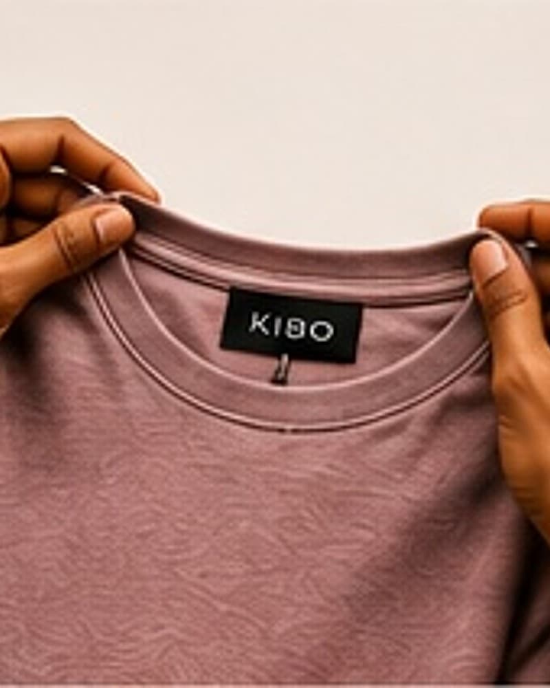Hands holding up a finished garment's neck label for inspection